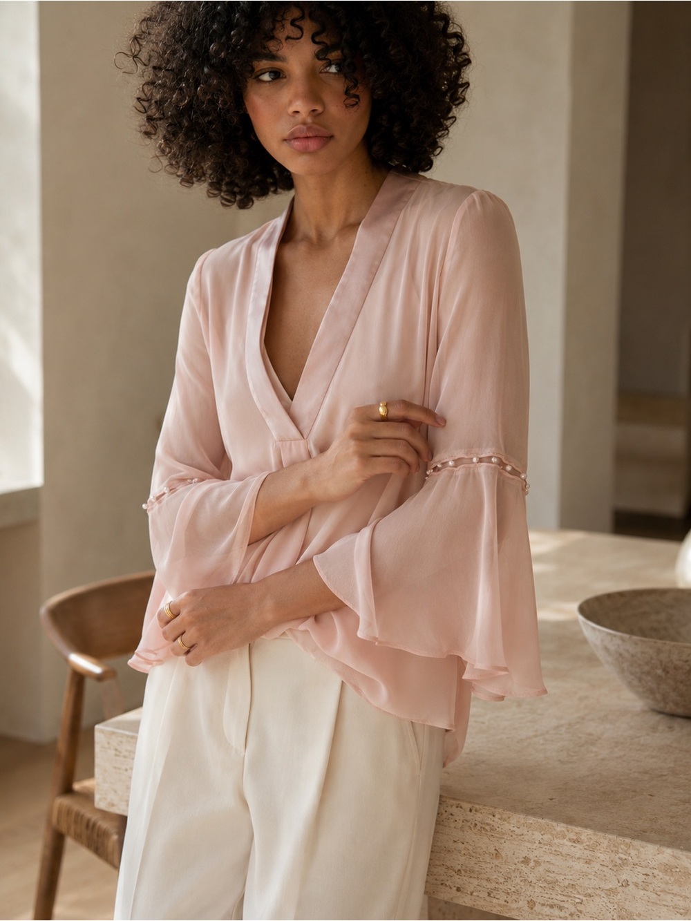 Elie Tahari 100% Silk Blush Pink Bell Sleeve Blouse